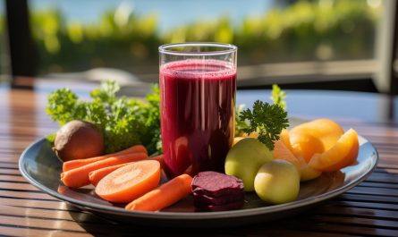 A Picture of red smoothie on a table, garnished with vegetables like carrot, beetroot and amla.