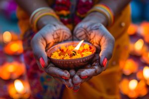 Indian woman holding a burning candle in her hands. 
