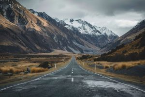 Empty road in cloudy New Zealand. The road is surrounded by brown grass. 