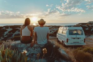 A young couple sitting on a rock next to their camper in Australia watching the sun set above the ocean.