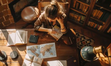 Girl hovering over maps and books to plan an upcoming trip.
