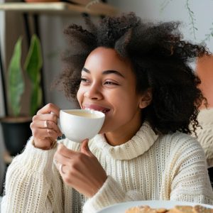 A young woman with a radiant smile enjoys a cup of tea in a cozy home setting, with a plate of snacks nearby and houseplants in the background, adding a touch of domestic warmth to the scene.