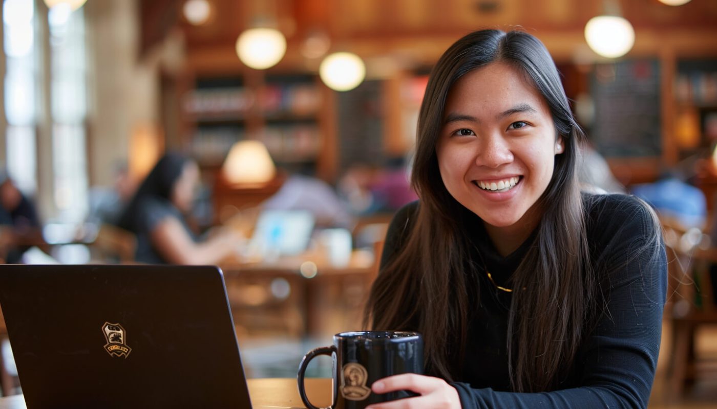 A happy university student sits at a library table with a laptop, holding a coffee mug. The background suggests a focused yet relaxed academic environment with other students studying.