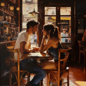 Italian guy flirting with a Spanish girl in a coffee bar