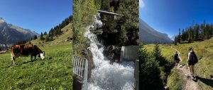 Collage of three pictures capturing a cow in the mountains, a waterfall, and two girls hiking on a sunny day in the Swiss Alps.
