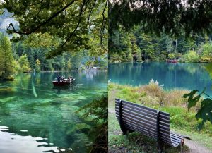 Collage of two pictures at Blusee Lake. The first one shows a small boat inside the lake, and the second one features a bench along the lakeshore.
