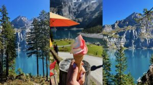 Collage of three pictures at Oeschinesee Lake. The first and the last show the views, and the third one shows an ice cream of strawberry and cream with the lake view in the background.