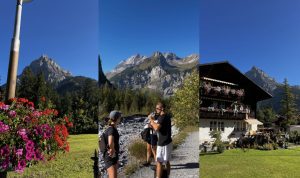 Collage of three pictures capturing the mountain views and people during a hike in the Swiss Alps.