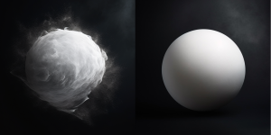 Zwei weisse Bälle auf dunklem Hintergrund. Der linke Ball wirkt aufgewühlt, der rechte Ball hingegen ist ganz ruhig.