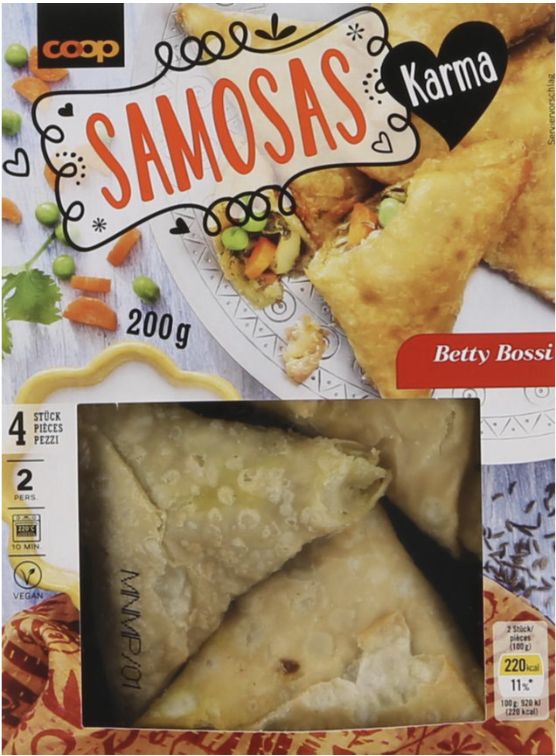 A picture of a packet of Karma Samosas.