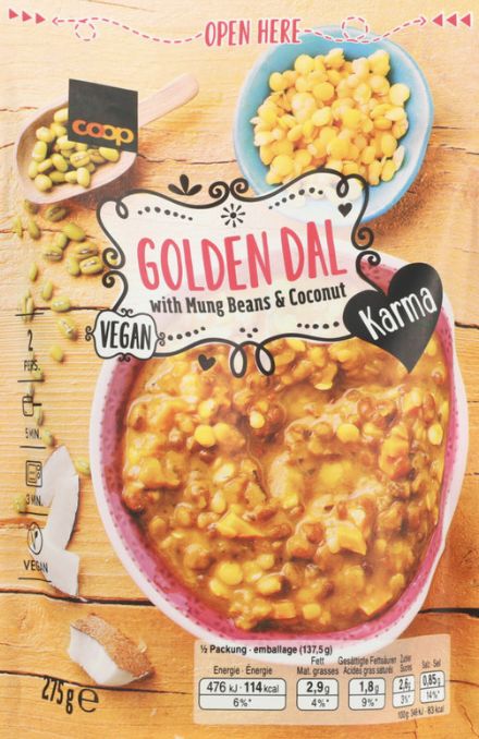 A picture of a packet of Karma Golden Dal.