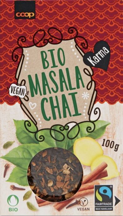 A picture of a packet of Karma Bio Masala Chai.
