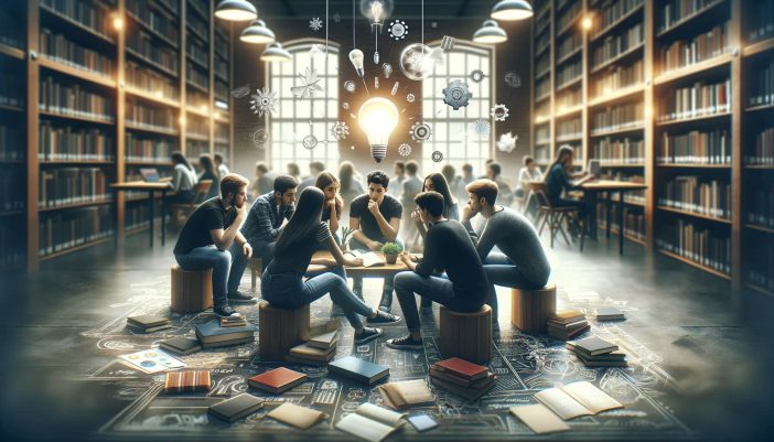 A diverse group of young adults engaging in a brainstorming session, sitting on stools and using books as makeshift tables, with a backdrop of floating symbols of innovation like gears and light bulbs in a library setting.