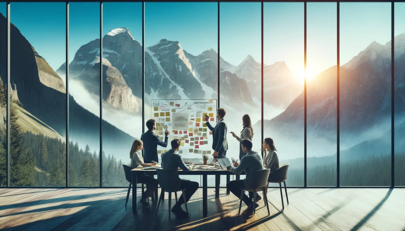 A team of professionals collaborating in a modern meeting room with a panoramic view of majestic mountains, focusing on a whiteboard filled with colorful sticky notes.