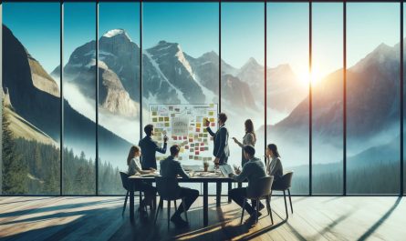A team of professionals collaborating in a modern meeting room with a panoramic view of majestic mountains, focusing on a whiteboard filled with colorful sticky notes.