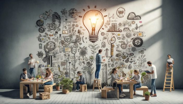 Creative young individuals casually gathered in a brightly lit workspace, surrounded by hand-drawn sketches of innovative symbols and doodles on the wall, reflecting a lively brainstorming environment.