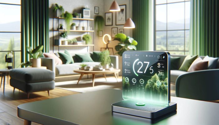 A conceptual smart green technology device sits in a modern home, highlighting the seamless blend of sustainability and high-tech convenience.