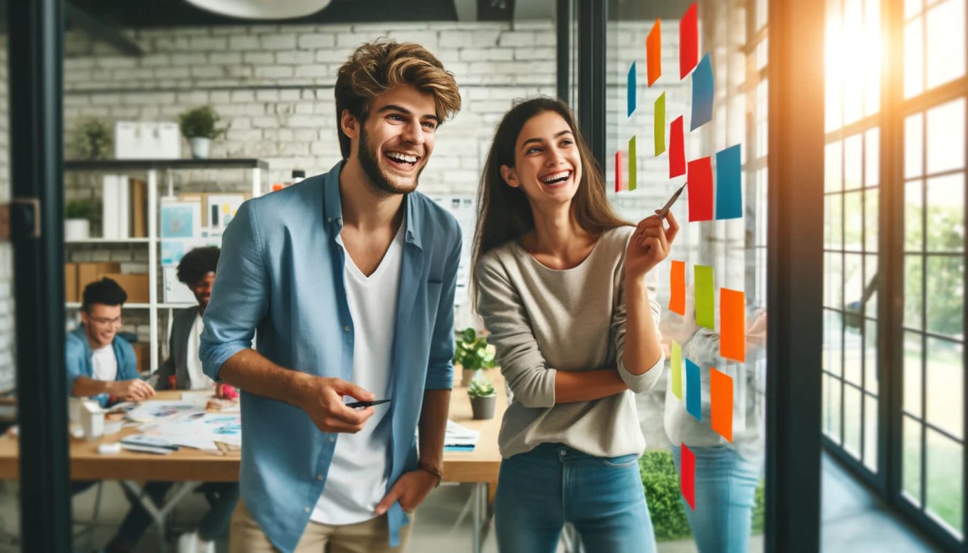 A European man and woman brainstorm with sticky notes in a lively startup environment, embodying teamwork and casual innovation.