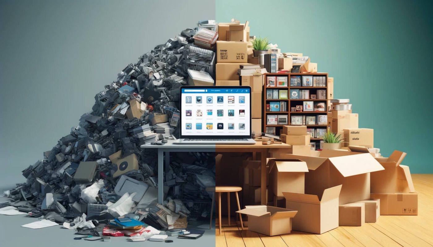 A visually striking scene divided in half, with the left side piled with an overwhelming heap of physical products and the right side displaying a serene workspace with a laptop showing a neat, organized digital storefront. This image exemplifies the stark contrast between the disorder of physical inventory and the streamlined nature of digital commerce.