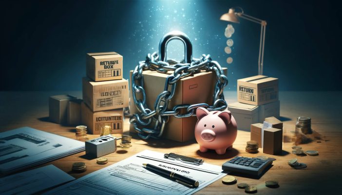 An ultra-realistic image depicting a desk symbolically weighed down by heavy chains and a large padlock over a cardboard box, with return boxes and a diminishing piggy bank alongside, representing the heavy burden and financial risk of selling physical products.