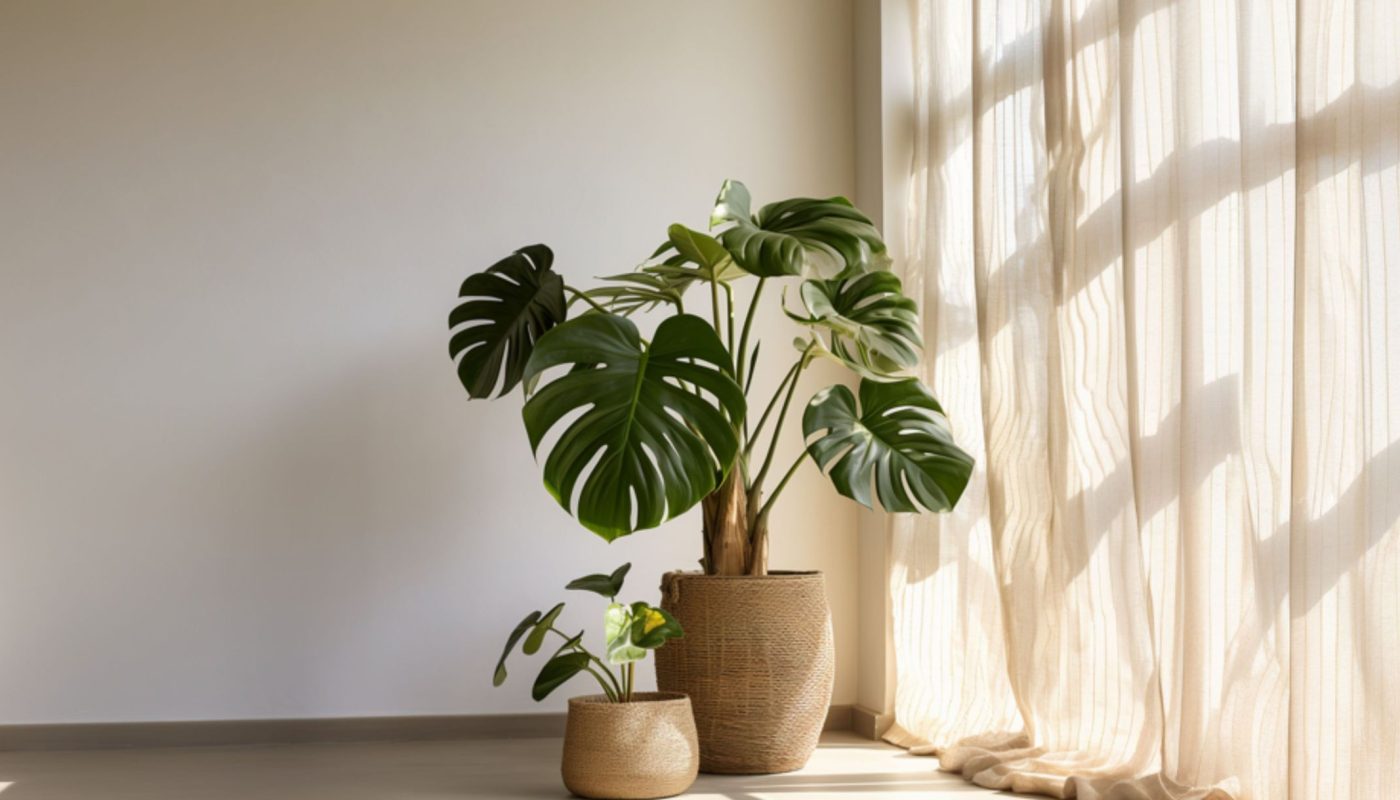 Monstera Deliciosa standing next to window with curtains