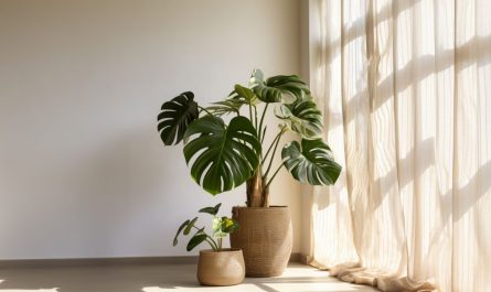 Monstera Deliciosa standing next to window with curtains
