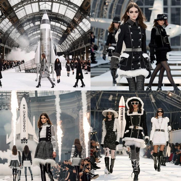 Chanel's Fall/Winter 2017 show was a spectacular tribute to space exploration, featuring the launch of a life-sized Chanel-branded rocket within the Grand Palais. The collection, rich with astral motifs and interstellar chic, matched the grandeur of a voyage beyond the skies. 