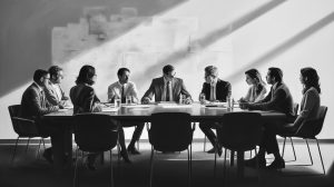 Schwarz weisses Bild von neun Personen an einem Konferenztisch