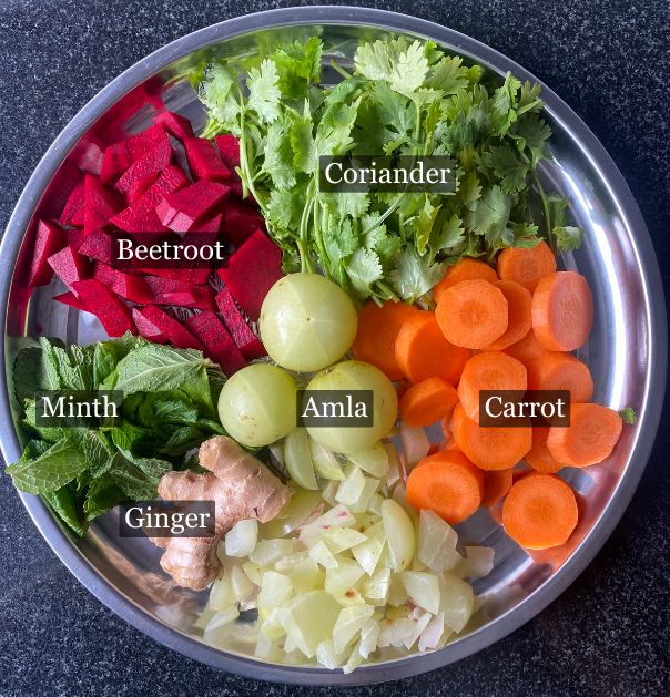A plate with the ingredients of ABC-Shots:- Coriander - Amla - Carrot - Beetroot - Minth - Ginger 