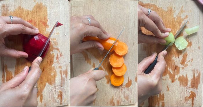 Cutting beetroot, carrot, amla.