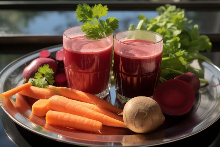 Two glaces of ABC-juice garnished on a tray with minth, beetroot and carrots.