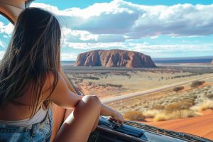 Girl sitting in a bus and looking at Uluru in Australia.