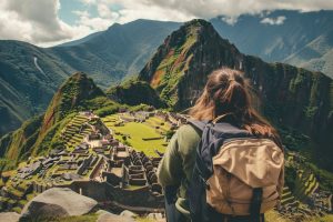 Girl sitting and looking at the Machu Picchu