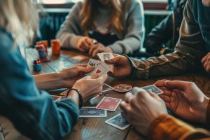 Friends playing a card game in a restaurant.