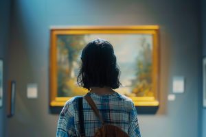 Woman looking at a painting in a museum while traveling.
