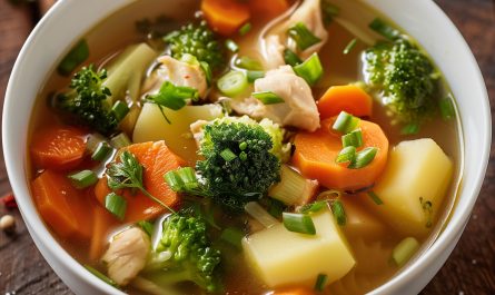 Healthy clear chicken soup with vegetables in a white bowl, featuring tender chicken thighs, sliced carrots, diced potatoes, and fresh broccoli, topped with spring onions, perfect for a nutritious meal.
