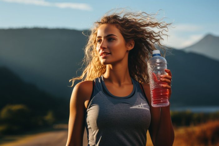 A woman in sportswear in the Alps hydrating herself with water after engaging in physical activity.