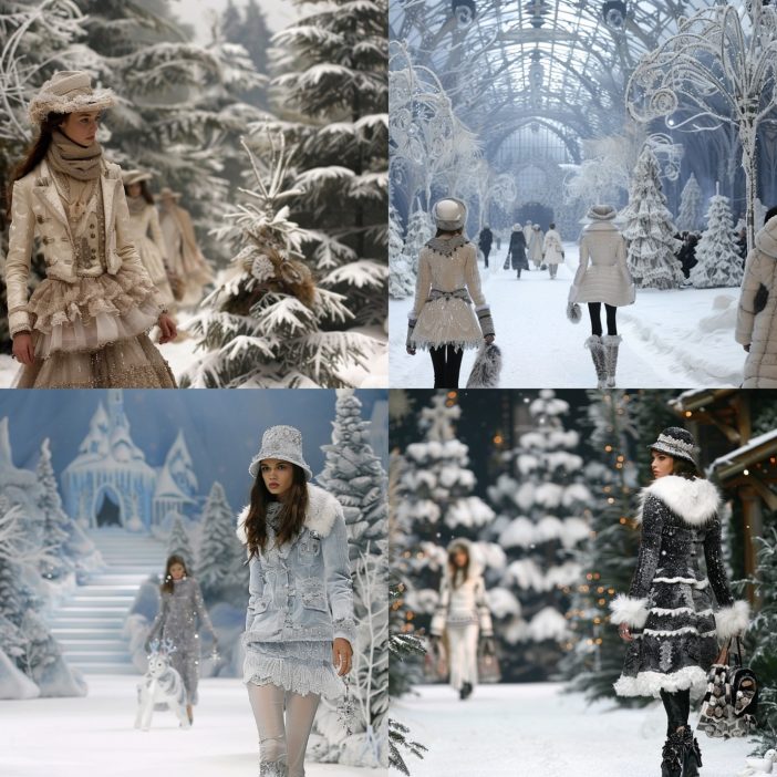 Chanel's Fall/Winter 2010 runway, captured here in four stunning scenes, transformed the Grand Palais into a snowy forest. Models, decked in luxurious winter attire, walk amidst frosty trees and snowflakes, evoking the timeless charm of a winter fairy tale brought to life by the artistry of Chanel.