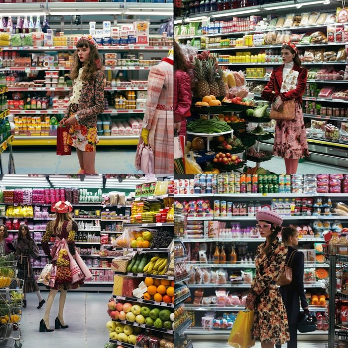 A quartet of images from Chanel's Fall/Winter 2014 show, where the Grand Palais was ingeniously reimagined into a chic supermarket. Models in vibrant tweeds and floral patterns navigate the aisles, transforming everyday grocery shopping into a high-fashion affair, complete with Chanel-branded products as accessories.