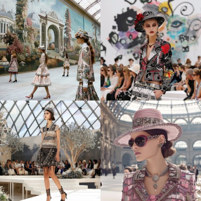 These images capture the essence of Chanel's Spring/Summer 2014 runway, set against the backdrop of an art-inspired Grand Palais. Models adorned in ornate designs that mirror the artistic grandeur surrounding them, bring to life the seamless fusion of fashion and fine art. 