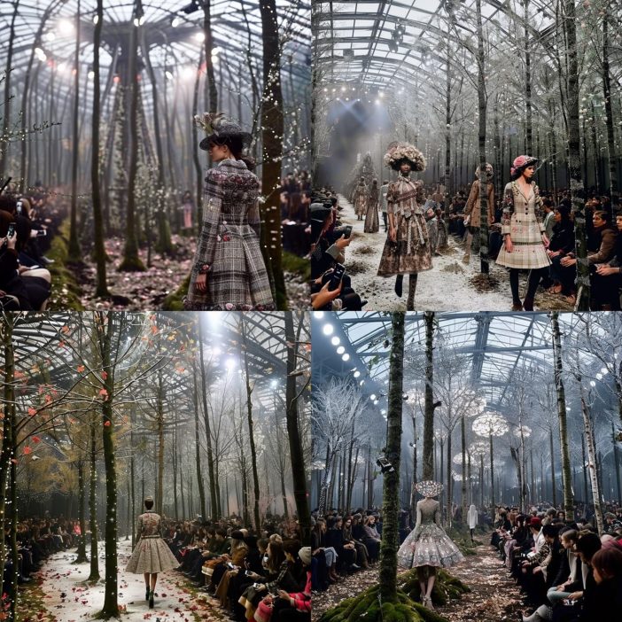 These images depict Chanel's Fall/Winter 2018 fashion show, a sylvan dream within the Grand Palais. The runway, set amongst serene trees and falling leaves, brought the quiet majesty of an enchanted forest to life, with models in exquisitely crafted designs echoing the woodland's autumnal palette.