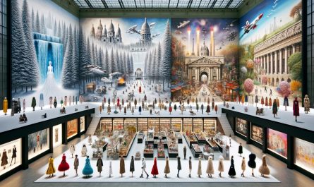 This captivating image presents a retrospective tableau of Chanel's fashion evolution, with miniature mannequins dressed in iconic designs arrayed before a grand mural depicting scenes across various eras. It's a visual symphony that celebrates the enduring legacy of Chanel's haute couture through the ages.