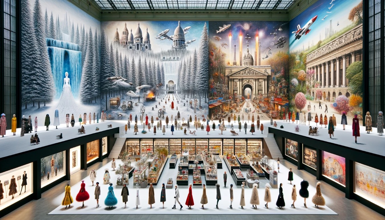 This captivating image presents a retrospective tableau of Chanel's fashion evolution, with miniature mannequins dressed in iconic designs arrayed before a grand mural depicting scenes across various eras. It's a visual symphony that celebrates the enduring legacy of Chanel's haute couture through the ages.