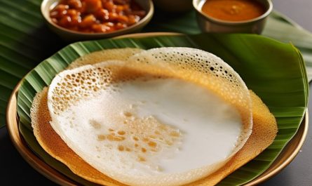 A thin and delicate appam with white coconut milk inside, served on an unlazy crisp leaf in front of an Indian steel dish from amarons restaurant at kerala cuisine. A small bowl filled with chutney is placed next to it. The plate has two soft sookus, one on top of another.