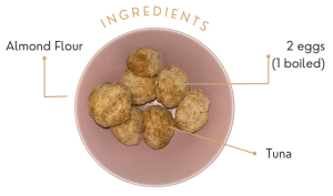 An image of a delicious keto homemade tuna nuggets, showcasing the ingredients from the recipe and with a URL to the recipe video