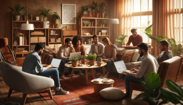 A diverse group of young entrepreneurs brainstorming in a cozy home office setting, using laptops and notebooks on plush sofas and warm wood tables, surrounded by indoor plants, portraying a relaxed and collaborative workspace.