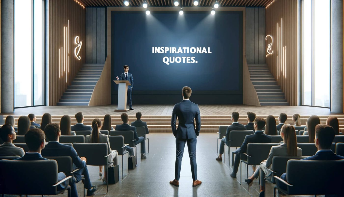 A young professional giving a motivational speech in a modern auditorium, with a large screen behind displaying the title 'Inspirational Quotes.