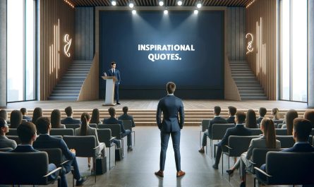 A young professional giving a motivational speech in a modern auditorium, with a large screen behind displaying the title 'Inspirational Quotes.