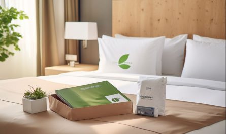 Modern comfort hotel room with a cozy bed with fresh linens and a sustainability brochure on the bed, emphasizing the eco-friendly practices of the hotel. The brochure it made from recycled paper in calming beige and green tones, the brochure showcases the hotel commitment to environmental responsibility.