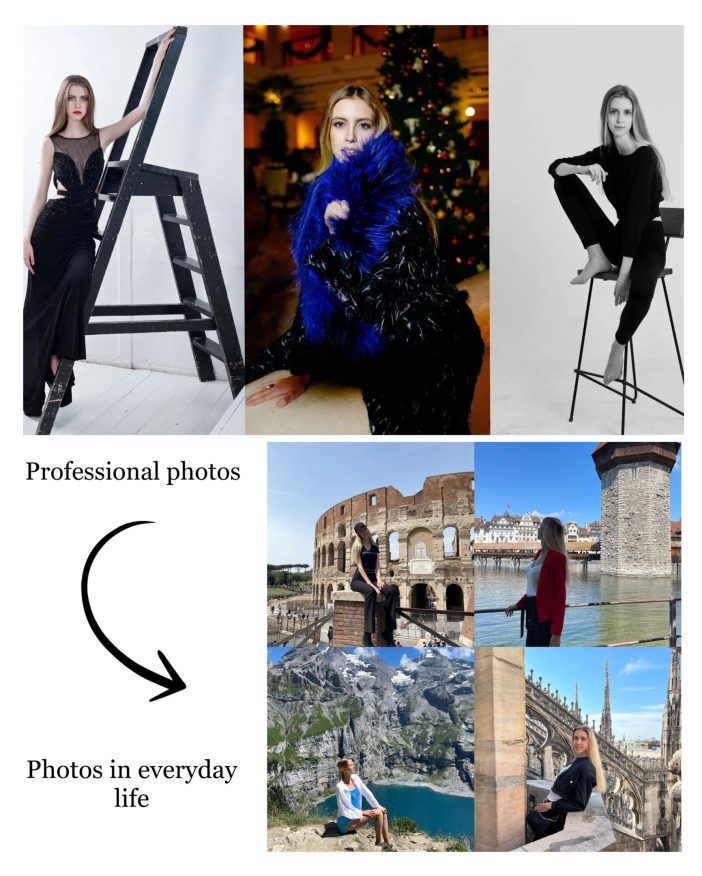 This visual collage contrasts the polished elegance of professional studio photography with the authentic charm of everyday life snapshots. On the left, the model poses in high-fashion ensembles, demonstrating the glamour of professional shoots. To the right, the same model is captured in various global backdrops, from historical ruins to serene lakes, showcasing a more relaxed, candid side of modeling. This dual perspective highlights the versatility of a model's life, seamlessly moving between the worlds of high fashion and casual realism. 
